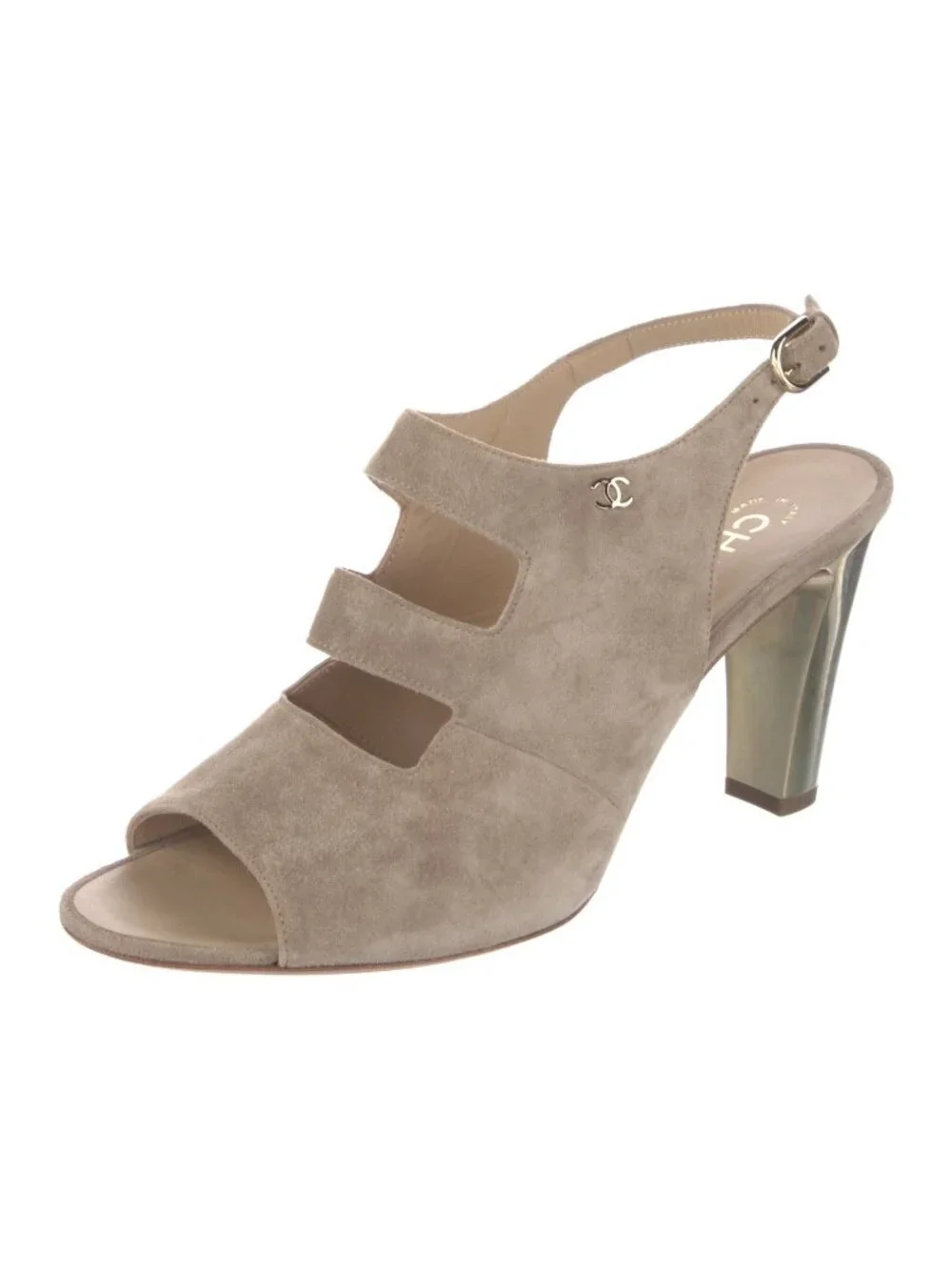 Chanel Beige Interlocking CC Logo Suede Slingback Sandals - Picture 2 of 5